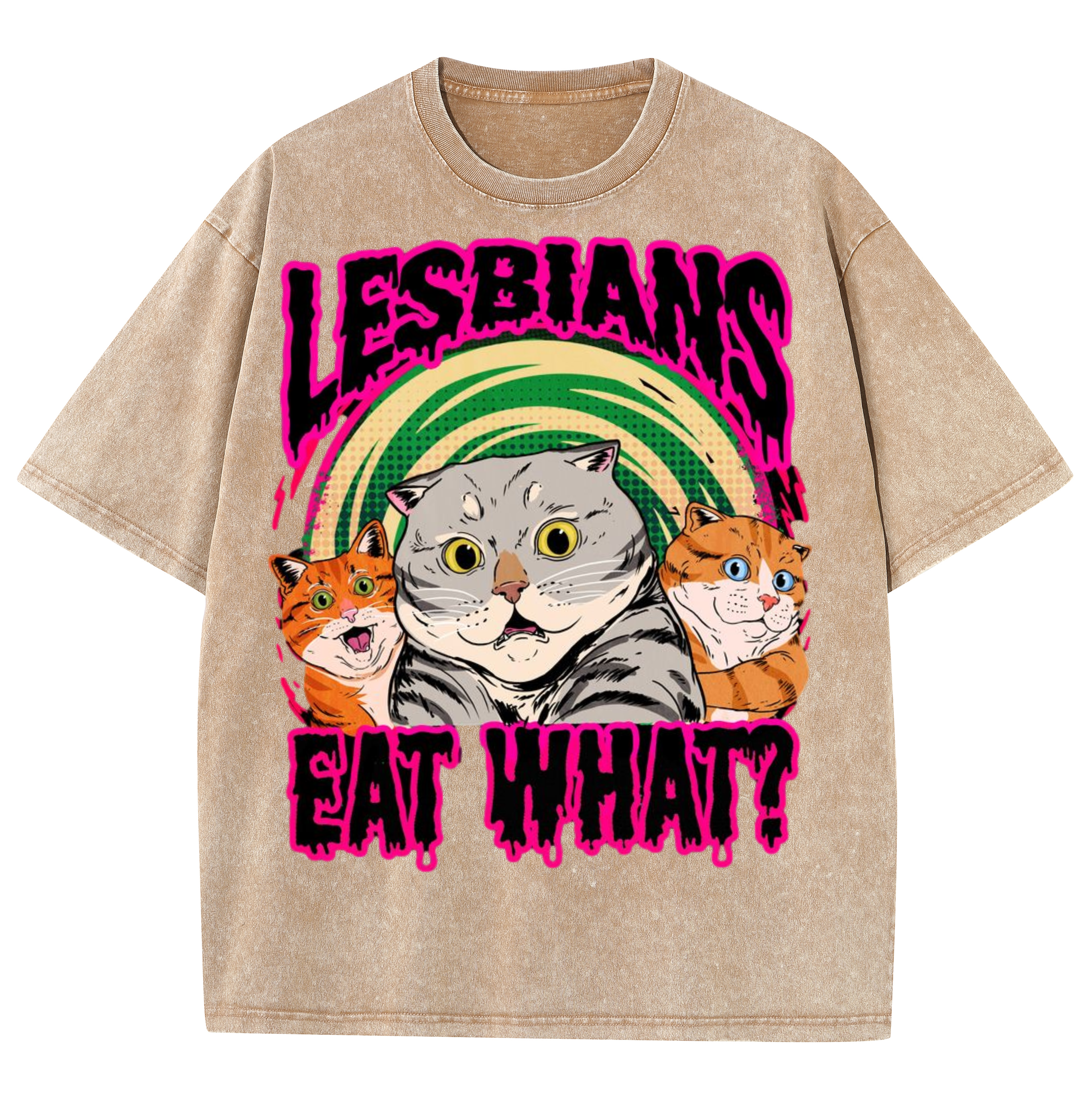 Eat What Lesbians Unisex Printed Retro Washed Short Sleeved T-Shirt
