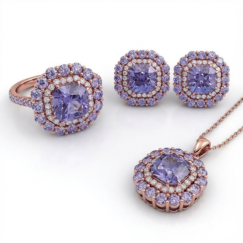 Sotiya Double Halo Amethyst Purple Asscher Cut Jewelry Set Sterling Silver-Sotiya