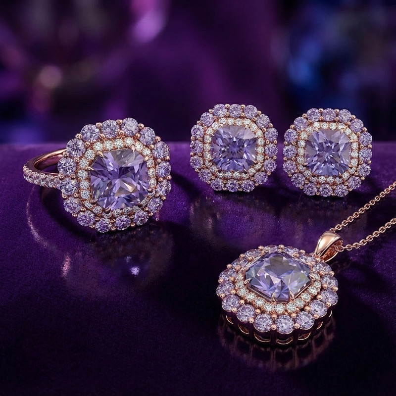 Sotiya Double Halo Amethyst Purple Asscher Cut Jewelry Set Sterling Silver-Sotiya