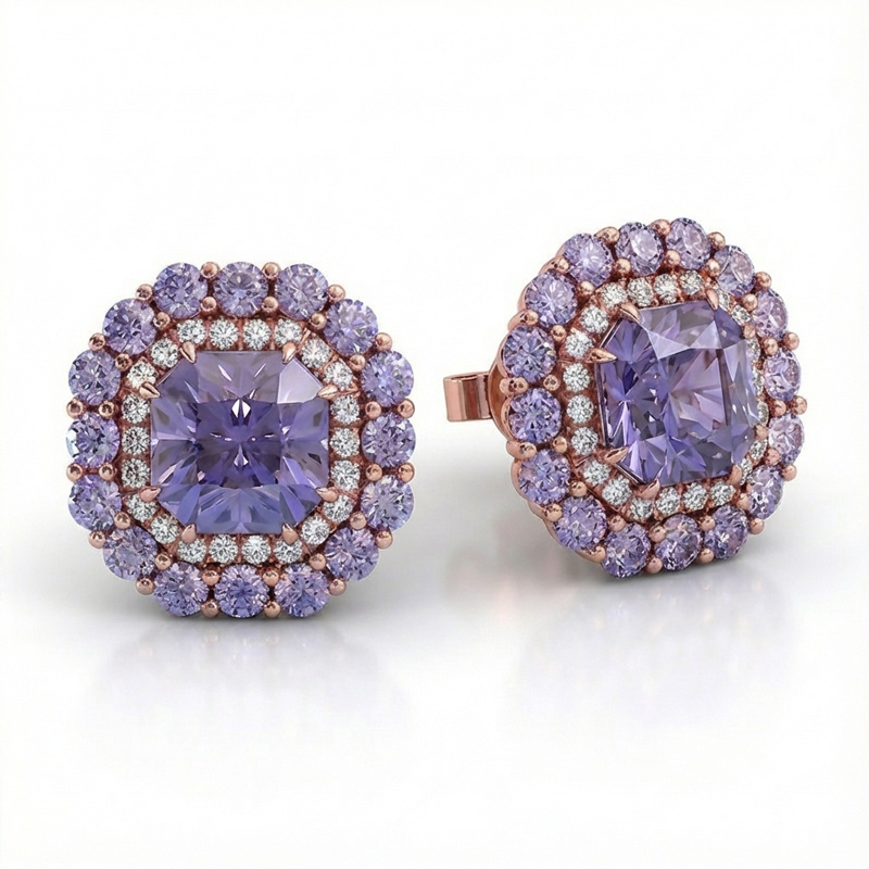 Sotiya Double Halo Amethyst Purple Asscher Cut Stud Earrings Sterling Silver-Sotiya