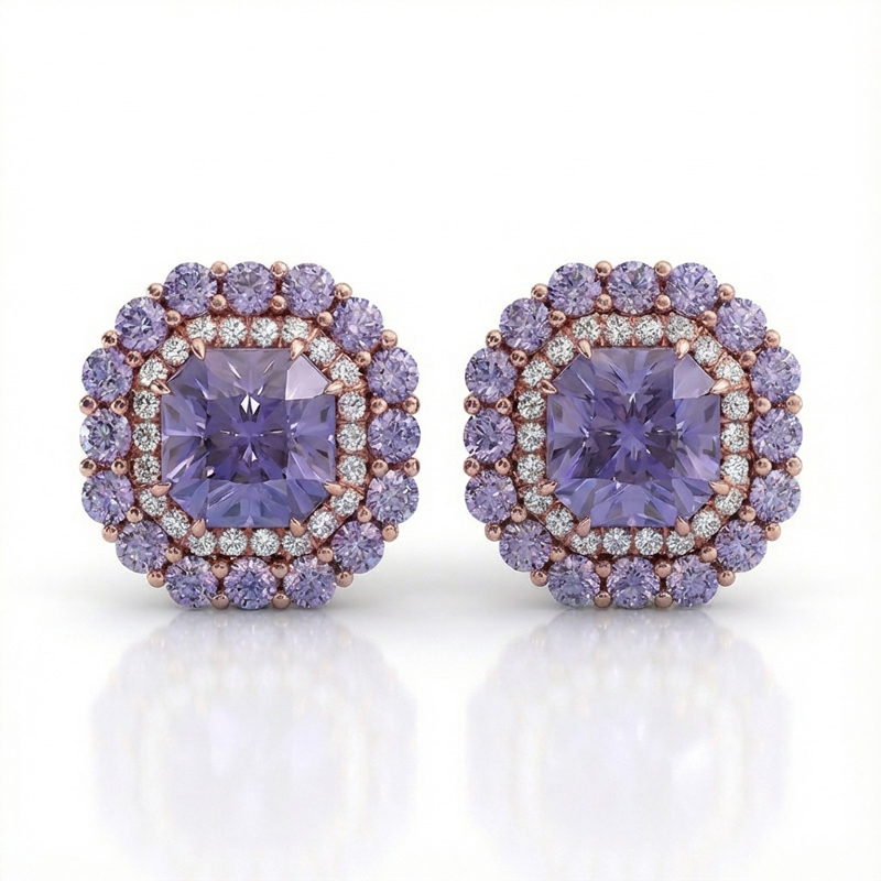 Sotiya Double Halo Amethyst Purple Asscher Cut Stud Earrings Sterling Silver-Sotiya