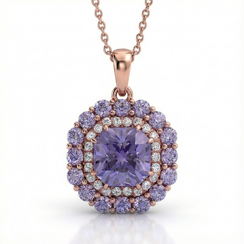 Sotiya Double Halo Amethyst Purple Asscher Cut Necklace Sterling Silver-Sotiya